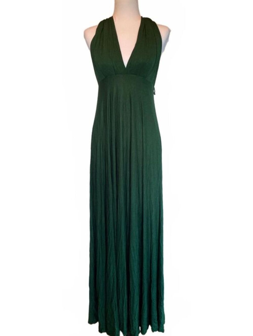 Lulus Emerald Green Halter Maxi Dress L Deep V Open Back Goddess Boho Flowy